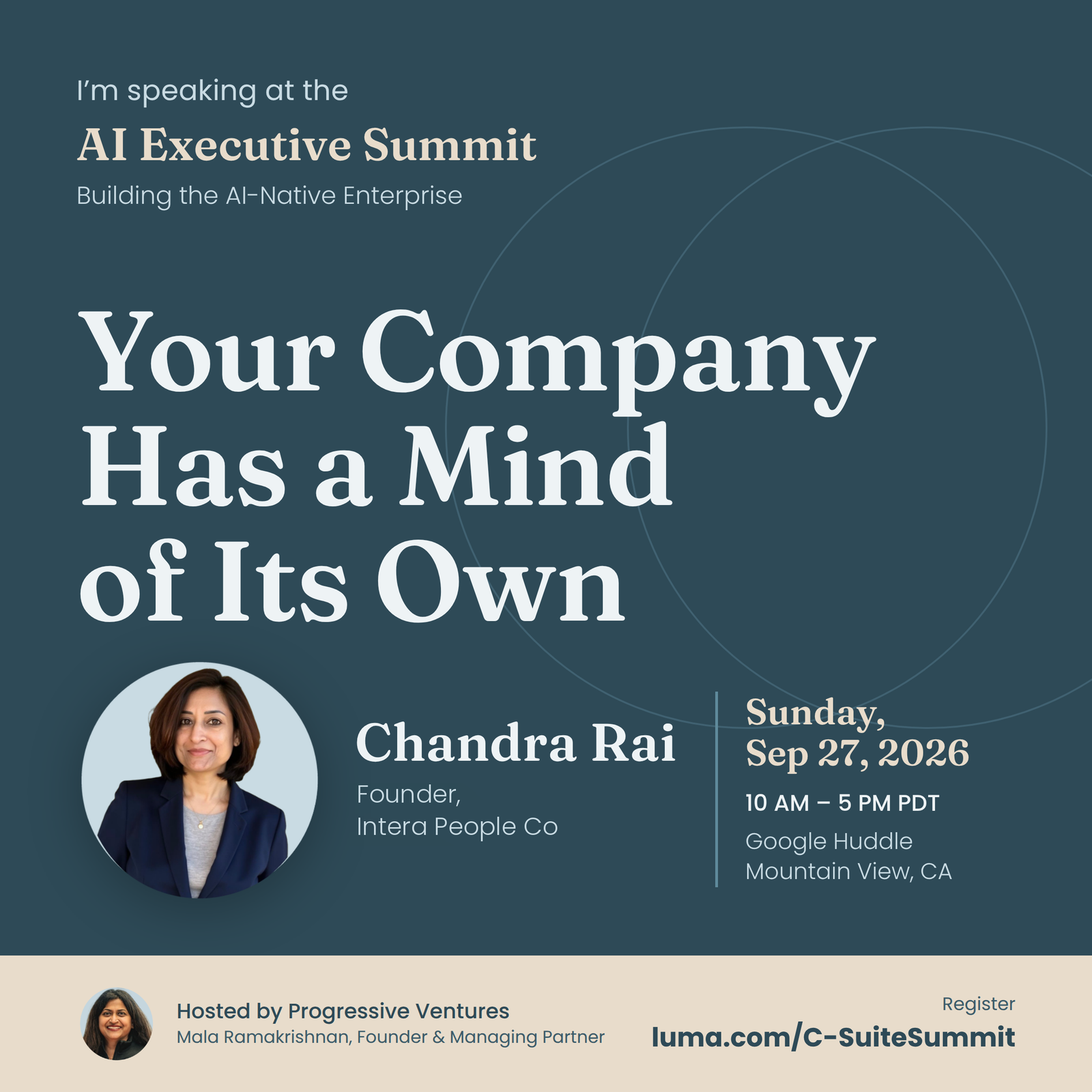 Flyer: Chandra Rai speaking at the AI Executive Summit on September 27, 2026 with the talk Your Company Has a Mind of Its Own